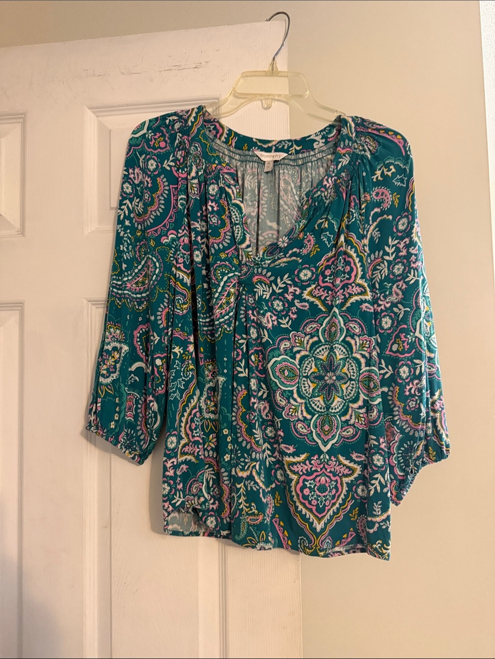 crown & ivy Teal Paisley Peasant Blouse